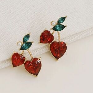 New "Love Cherries" Cherry Heart Rhinestone Earrings